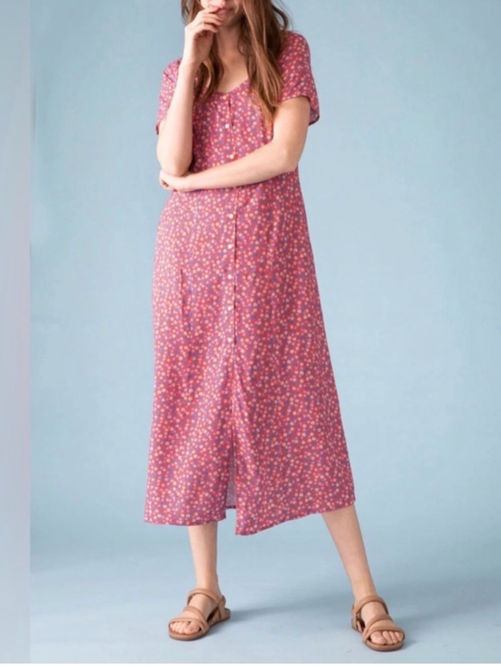 Sonnet James “young at heart” -Women’s Red Floral Midi Dress - Button-Front
